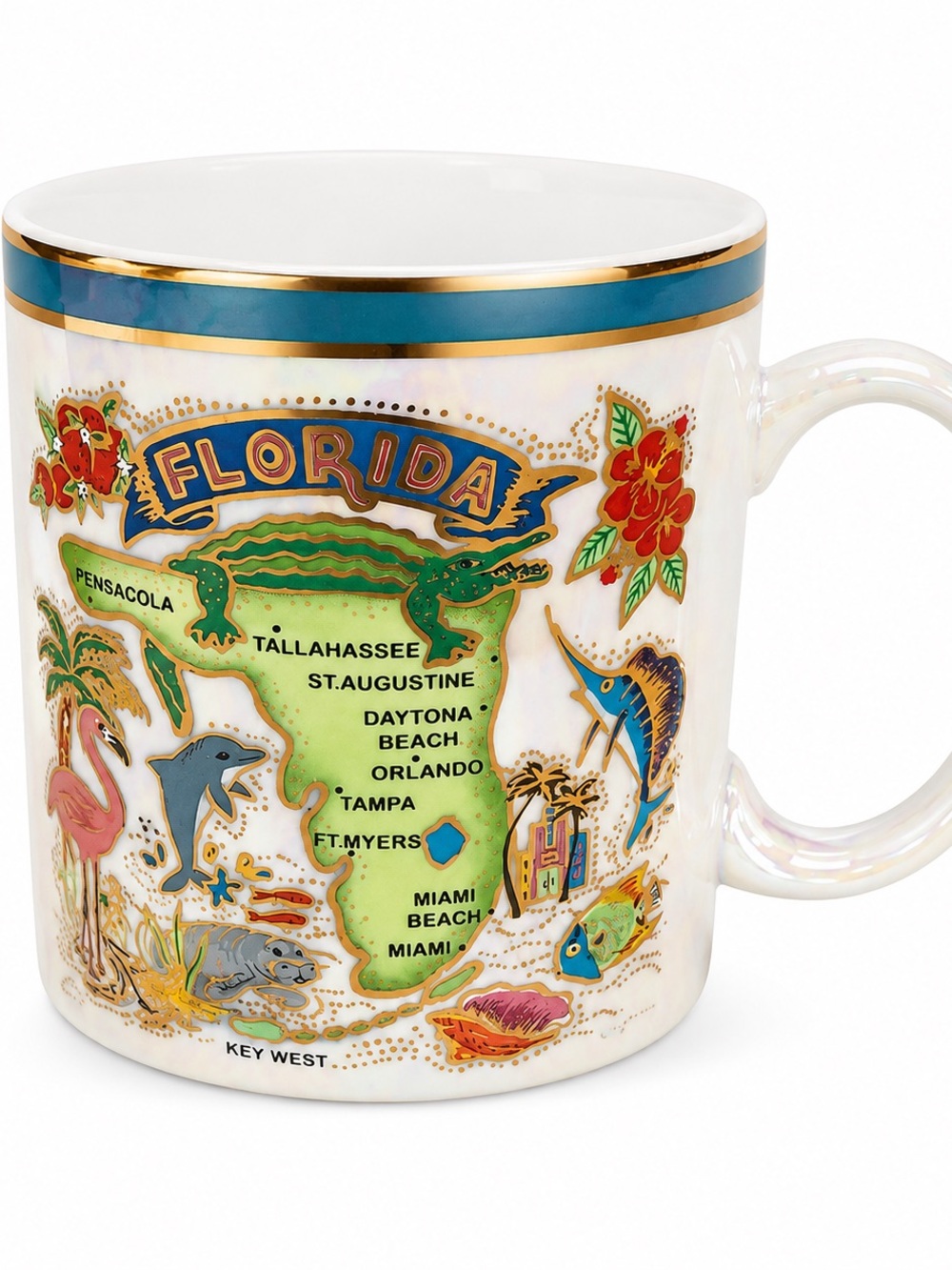 Florida Souvenir Coffee Mug Iridescent Pearl Finish Alligator Dolphin Beach